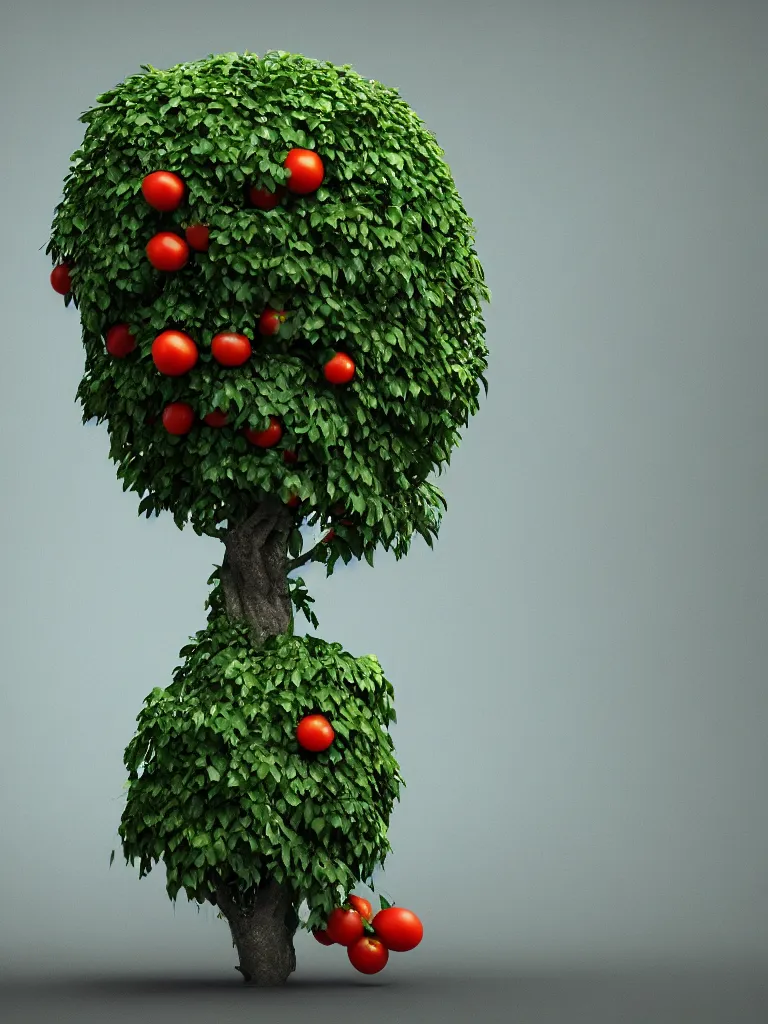 Image similar to highly detailed 3 d render of a mythical tree with sparse leaves of tomatoes and mozzarella balls and basil leaves, hyper realistic octane render, cinematic lighting, deviantart, lowbrow, surrealism, pixar still