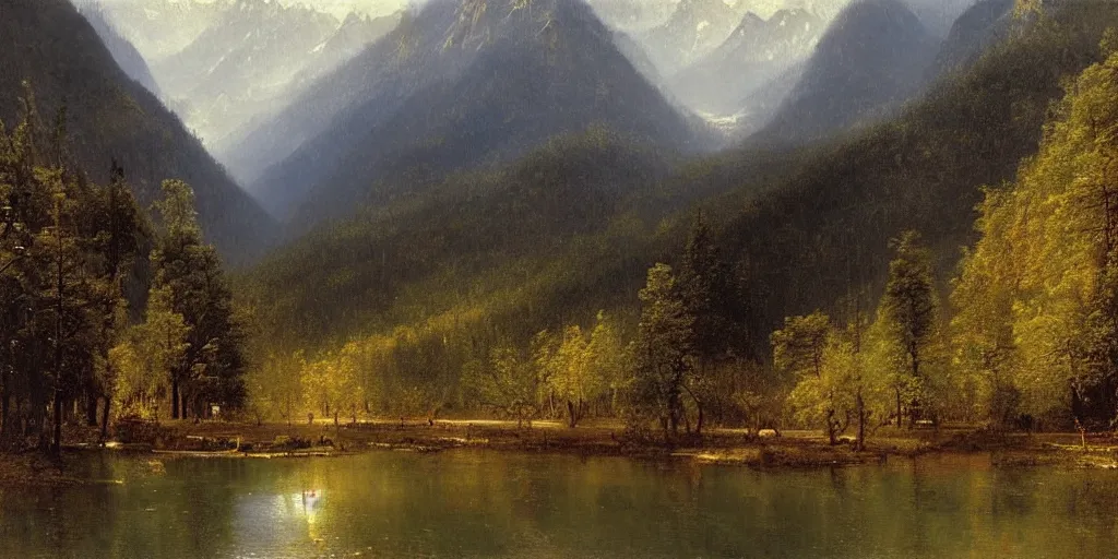 Image similar to art by albert bierstadt of the cinematic view of the jiuzhaigou valley forest