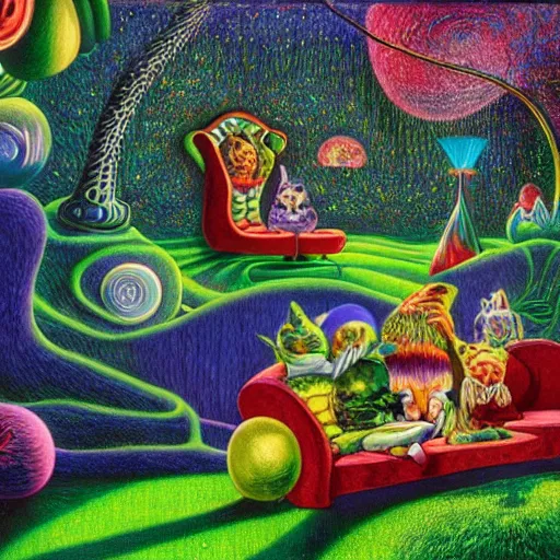 Image similar to psychedelic couch sofa in the lush forest, milky way, designed by moebius, rob gonsalves, gustav dore, giuseppe arcimboldo and carl barks, louis wain, trending on artstation, canada, star, sharp focus, colorful refracted sparkles and lines, soft light, 8 k 4 k