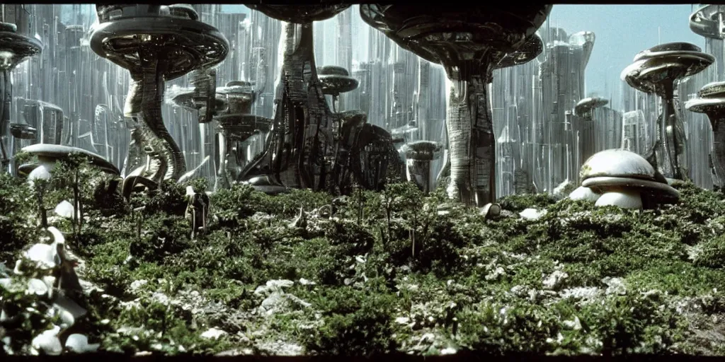 Prompt: outside view of a futuristic luxury apartment on a desolate mining planet with a lush mushroom vegetation, giant mushrooms, film still of a sci - fi movie, 1 9 8 0 s science fiction, ridley scott,