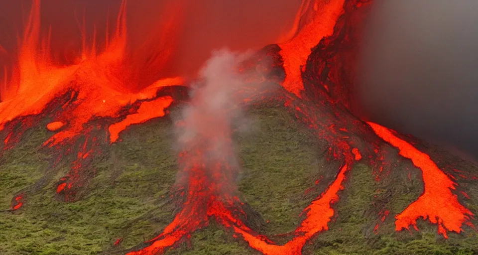 Image similar to a volcano made of ivory vines and crimson rocks enters in eruption, it spits a smoke in the shape of demonic eye, by burns jim