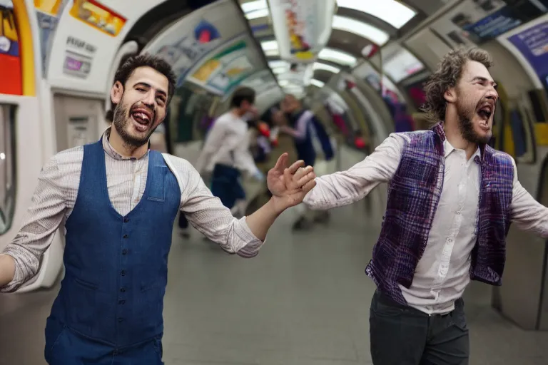 Image similar to a happy guy dancing in the metro selling things, 4k