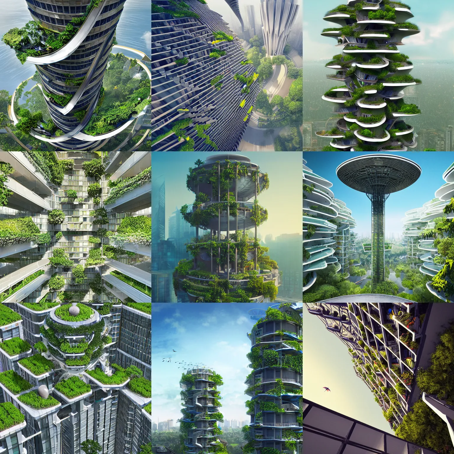 Prompt: matte painting of the bird's eye view of umbrella tower. garden balconies. ecofuturistic architecture. dynamic perspective. urban, detailed digital art trending in artstation