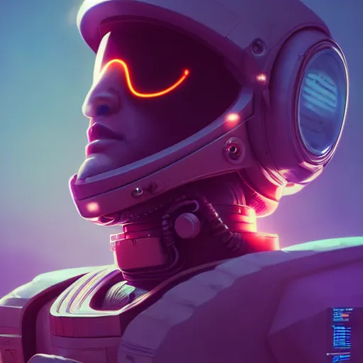 Image similar to cyberpunk astronaut bot, cinema 4 d, galaxy, ufo, space sci - fi, wearing vr goggles, illustration, portrait, pastel neon textured background night, trending on artstation, greg rutkowski, octane rendered, 1 2 k, detailed,