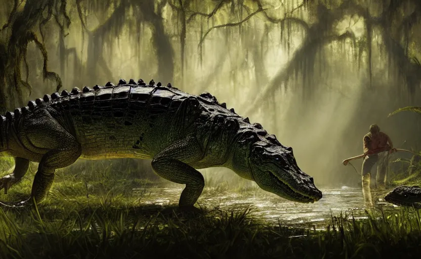 Image similar to a masterpiece of a huge alligator dragging colin farrell into the swamp, cinematic, fantasy, hyper detailed, digital painting, 4 k realistic, trending on artstation, sharp focus, john banovich, photographer art wolfe, light source on left