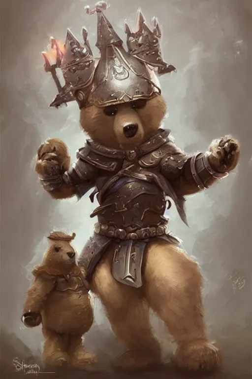 Image similar to cute little anthropomorphic bear knight wearing a cape and a crown, tiny, small, miniature bear, baby animal, short, pale blue armor, cute and adorable, pretty, beautiful, DnD character art portrait, matte fantasy painting, DeviantArt Artstation, by Jason Felix by Steve Argyle by Tyler Jacobson by Peter Mohrbacher, cinematic lighting