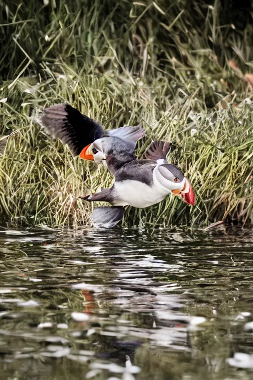 Prompt: beautiful photo of a puffin swimming underwatwr amongst seagrass underwater in clear water.