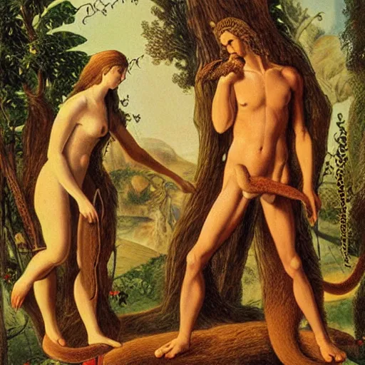 Image similar to adam and eve siting in the garden of eden rosting a snake over a campfire ultrarealistic 1 5 0 mpx