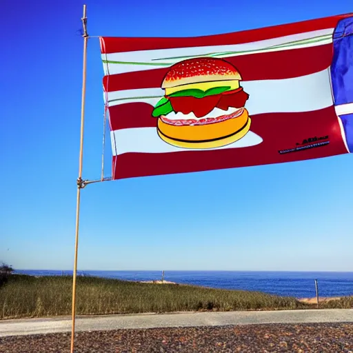 Prompt: beautiful photograph of burger flag waving in the wind