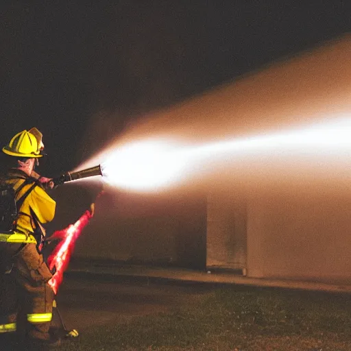 Prompt: photo of a firefighter using a flamethrower projecting a long flame. highly-detailed