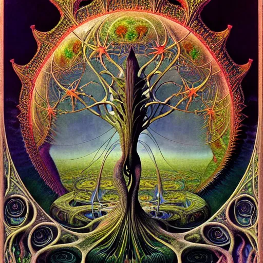 Image similar to divine chaos engine by roger dean and andrew ferez, tree of life, symbolist, visionary, art forms of nature by ernst haeckel, art nouveau, botanical organic fractal structures, surreality, detailed, realistic, deep rich moody colors