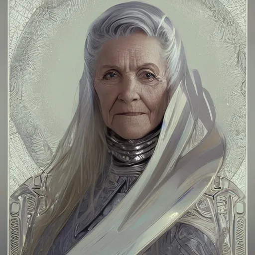 Image similar to portrait of an pretty old woman in a platinum armor, intricate, headshot, highly detailed, digital painting, artstation, concept art, sharp focus, cinematic lighting, illustration, art by artgerm and greg rutkowski, alphonse mucha, cgsociety
