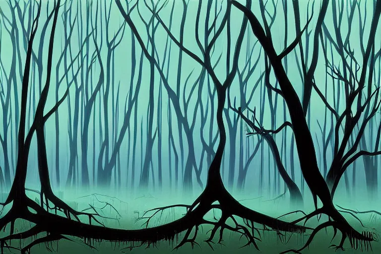 Prompt: a gothic landscape of a louisiana swamp by eyvind earle