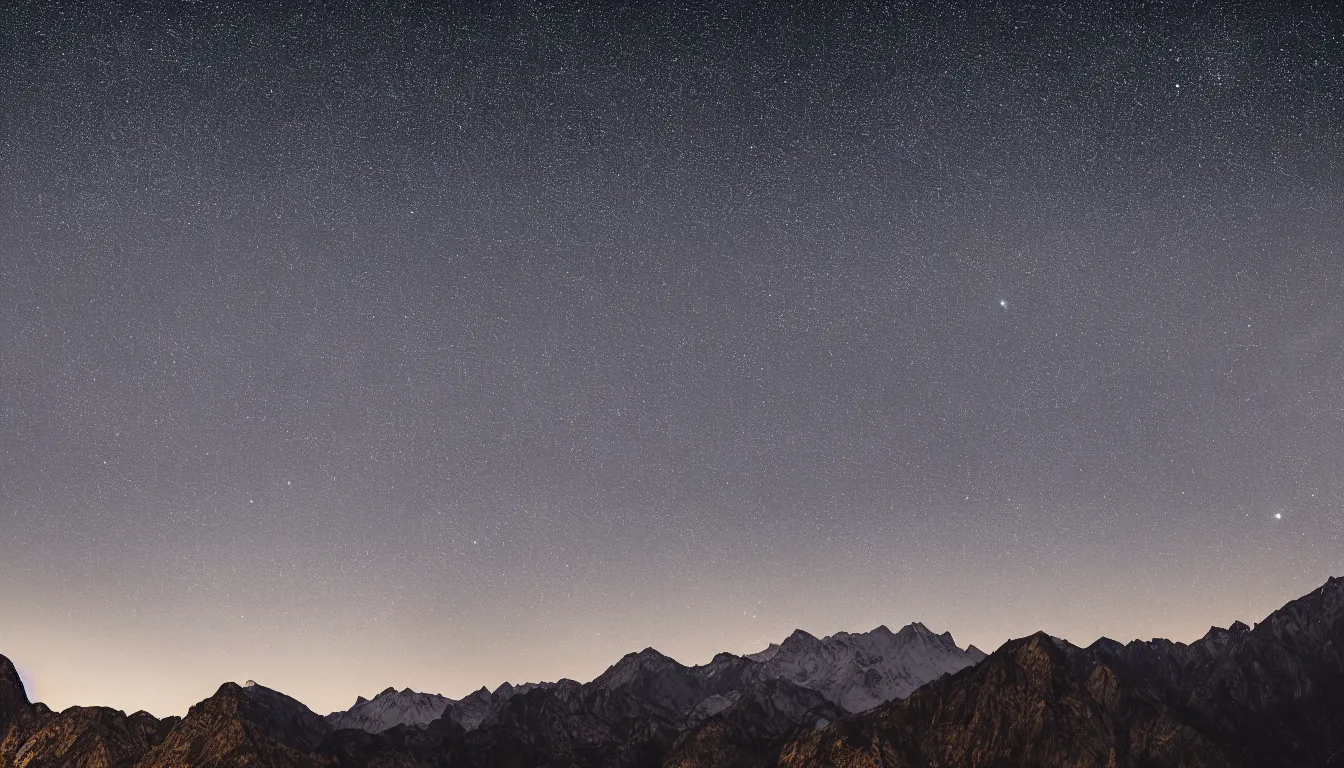 Image similar to night view of mountains and the milky, 8k photography