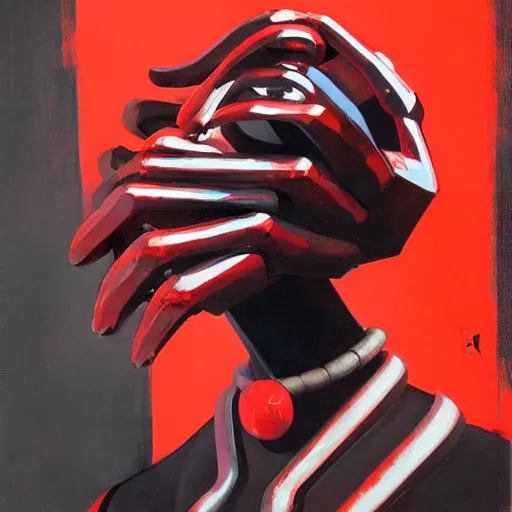 Image similar to Matisse potrait of a demon with black and red robotic parts, medium shot, asymmetrical, profile picture, Organic Painting, sunny day, Matte Painting, bold shapes, hard edges, street art, trending on artstation, by Huang Guangjian and Gil Elvgren and Sachin Teng