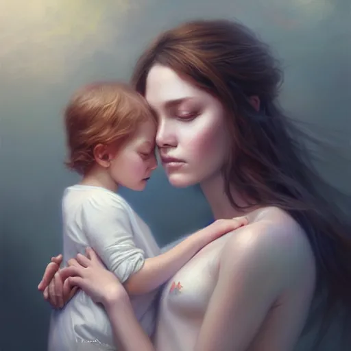 Image similar to love is patient love is kind, mother and child ; photorealistic oil painting by charlie bowater and mark blooms ; highly detailed cute faces by wlop ; trending on artstation