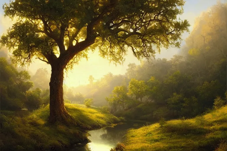 Image similar to masterpiece painting of oak trees on a hillside overlooking a creek, dramatic lighting, by tyler edlin