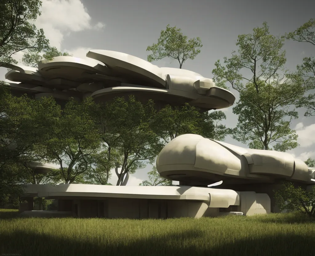 Image similar to futuristic sci-fi articulate rural architectural masterpiece by frank Lloyd wright and Zaha hadid, detailed, octane render, photo realism, 3D, ray tracing, photo realism