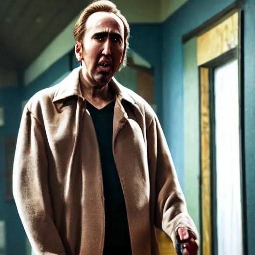 Prompt: nic cage but he is emaciated and starving to death, movie still, hd digital photography