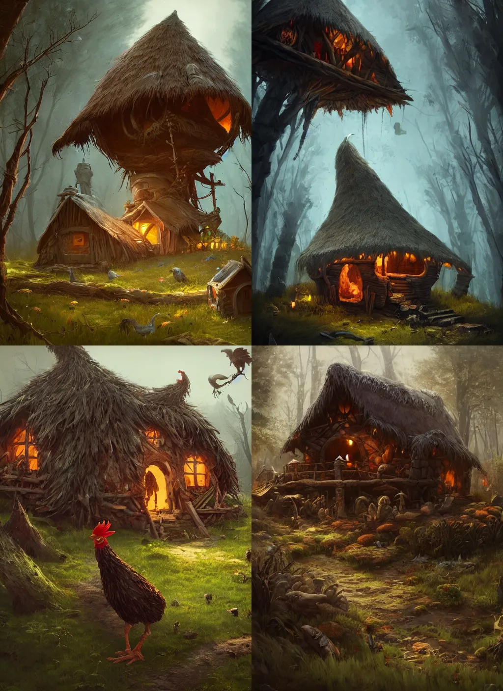 Prompt: witch hut with big chicken legs, greg rutkowski, zabrocki, karlkka, jayison devadas, trending on artstation, 8 k, ultra wide angle, zenith view, pincushion lens effect