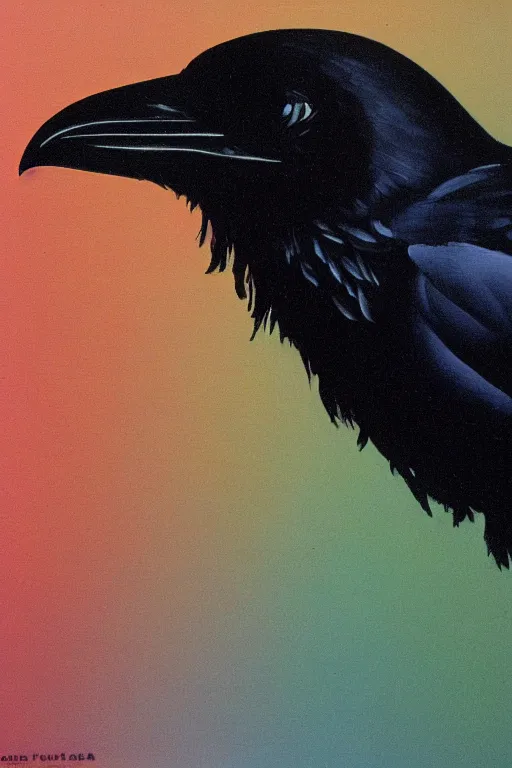 Prompt: a raven investigating 8 0 s era technology, vintage shapes, retro technology, pantone color, wayne barlow, oil on canvas, deep depth of field, masterpiece, cinematic composition, hyperdetailed