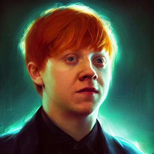 Image similar to portrait of Rupert Grint as Ron Wisly in cyberpunk, neon lighting, night city, digital art from artstation by Ruan Jia and Mandy Jurgens and Artgerm and william-adolphe bouguereau and Greg Rutkowski