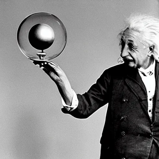 Image similar to einstein holding ( model of atom with metallic spheres ) in his hands, color