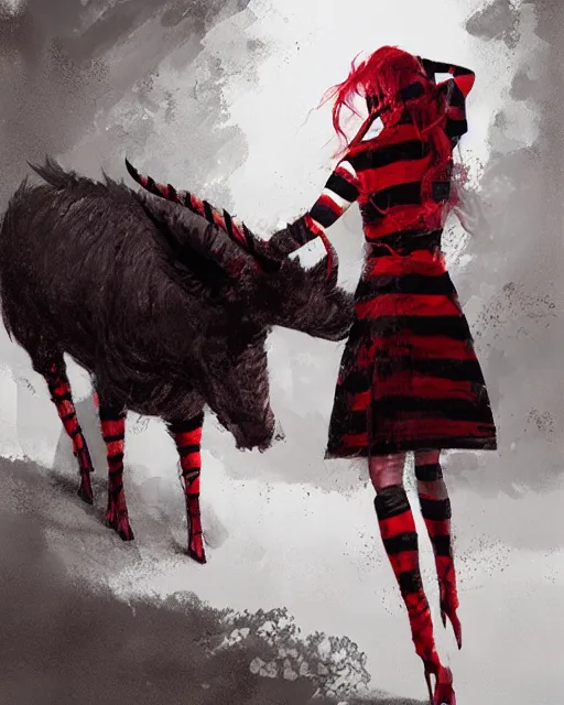 Image similar to Medium shot of Red Imp + White black striped horns + Formal outfit, in the style of greg rutkowski