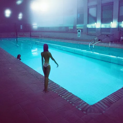 Image similar to Beautiful 2000s phone-camera , soft liminal Photograph inside an infinite infinite foggy public-pool