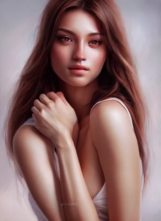 Image similar to photo of a gorgeous young woman in the style of stefan kostic, realistic, half body shot, sharp focus, 8 k high definition, insanely detailed, intricate, elegant, art by stanley lau and artgerm