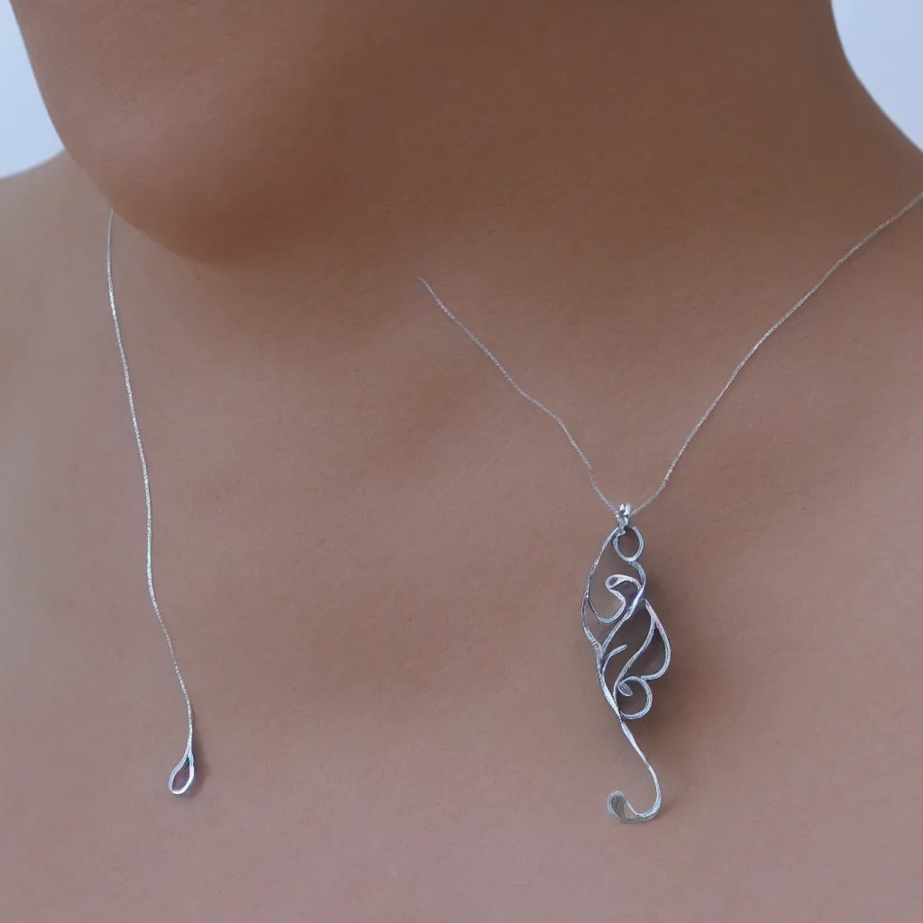 Image similar to Amulet Of Wave inlaid in silver, on a young beautiful woman neck, realistic, clean,