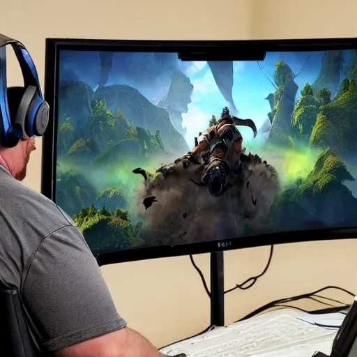 Image similar to obese Christian Bale wojack wearing a headset yelling at his monitor while playing WoW highly detailed wide angle lens 10:9 aspect ration award winning photography