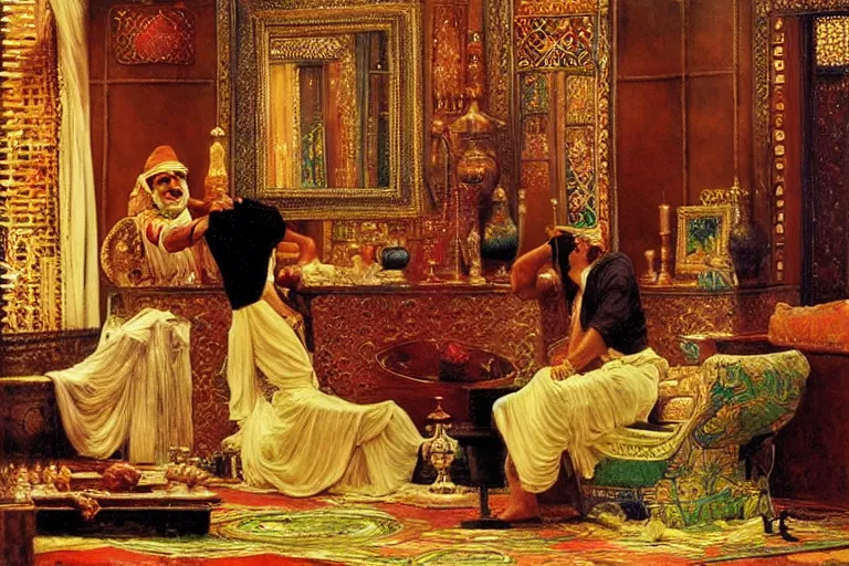 Prompt: The Persian Genie Destroys his Magic Lamp in an Opulent Turkish Salon, art by Paul Cadmus and Osman Hamdy Bey and Jean-Léon Gérôme