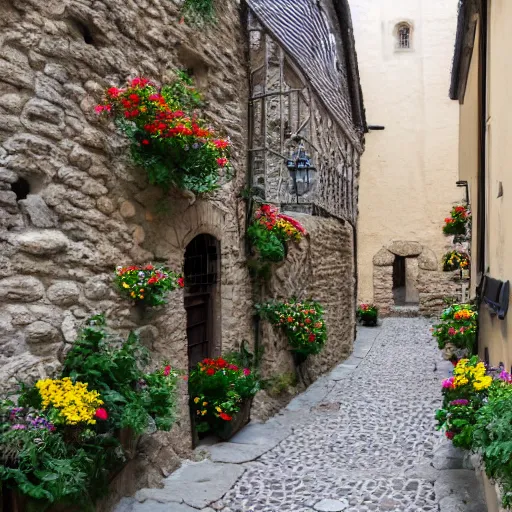 Image similar to Cobblestone walkway through a medieval street with flowers in the windows of the stone buildings on either side