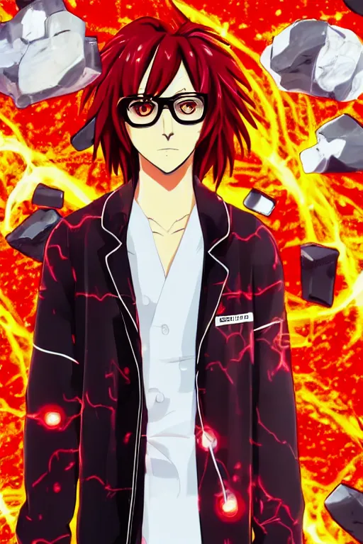 Prompt: full body anime portrait of a cool emo red hair white glasses dressed in a lab coat cinematic highly detailed 4 k neon background crack