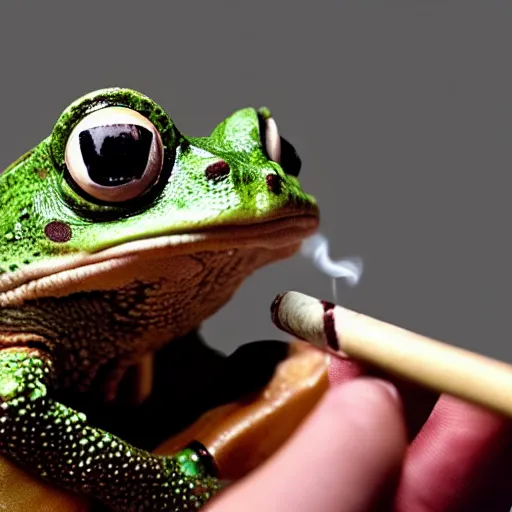 Image similar to a high detail closeup photograph of a 🐸 wearing a suit 👔,and smoking a cigarrette🚬, award wining photograph