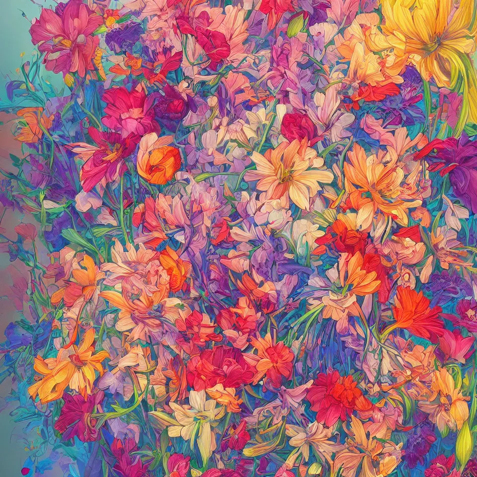 Image similar to a bouquet of colorful flowers, flowers with very long petals,afternoon sunlight, hard light and long shadows, neon glowing, vivid, detailed painting, by James Jean and Ross Tran, masterpiece, award winning painting