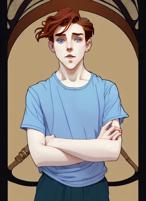 Image similar to art nouveau portrait of a teen boy with completely straight auburn hair, light blue eyes, pale skin, freckles, sad expression, t - shirt, modern casual clothing, natural lighting, path traced, highly detailed, high quality, cartoon, digital painting, by don bluth and ross tran and studio ghibli and alphonse mucha