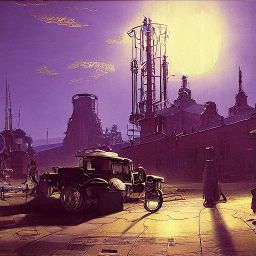 Prompt: detailed painting of syd mead artlilery scifi bathroom with ornate metal work lands on a farm, volumetric lights, purple sun, andreas achenbach