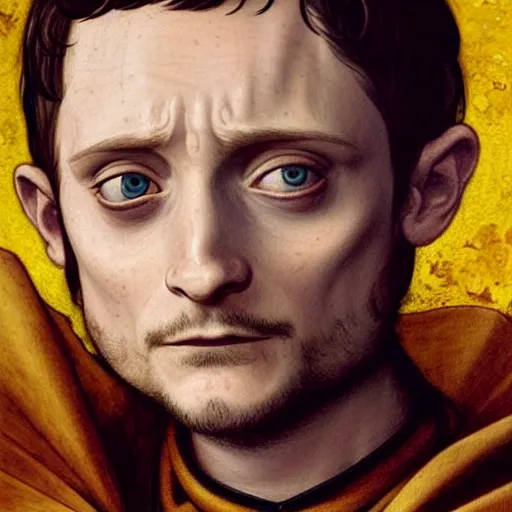 Image similar to Elijah wood, with an overwhelmed facial expression, as high level paladin in armor that is slightly to big for him, dungeons and dragons portrait, highly_detailed!!, Highly_detailed_face!!!, artstationhq, concept art, sharp focus, illustration, art by Leonardo da Vinci and Michelangelo and Botticelli