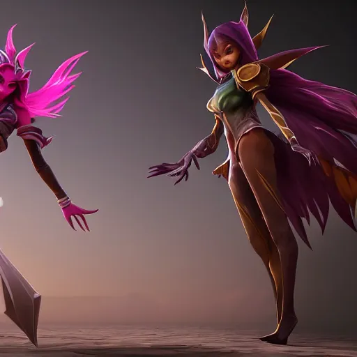 Prompt: xayah and kai'sai, league of legends, unreal engine, by weta digital, 3 - dimensional, rays of shimmering light, best friends