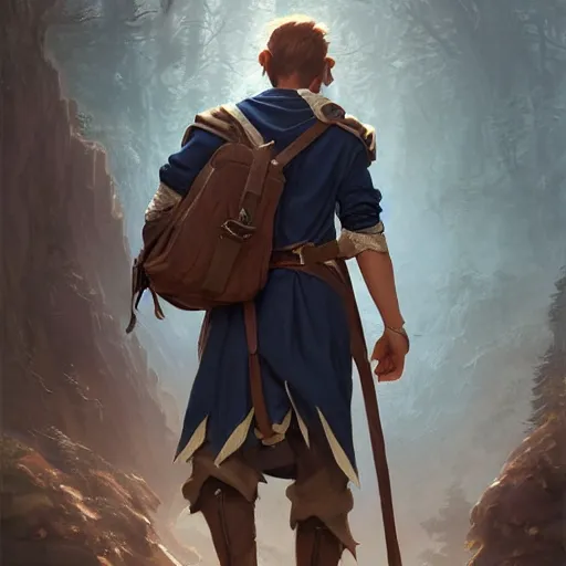 Image similar to 8k a young curious handsome male wood elf scholarly adventurer wearing a navy blue student's tunic carrying a satchel of arcane supplies, by Raymond Swanland Greg Rutkowski Lise Deharm, intricate, masterpiece, sharp, digital art, ArtStation, CGStation, 4k