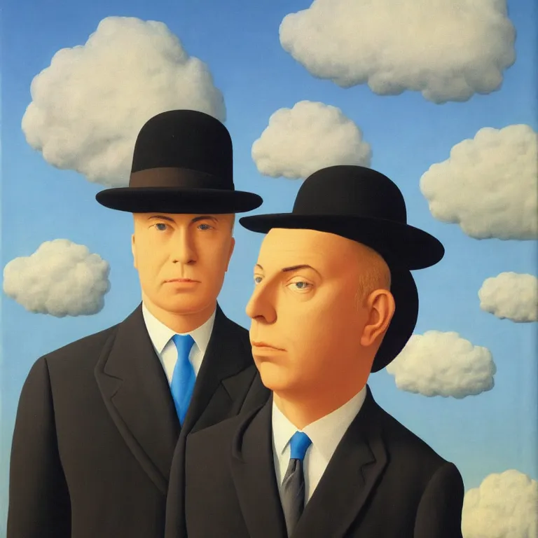 Image similar to portrait of a man in a suit, his head is a cloud, by rene magritte, detailed painting, hd, hq, high resolution, high detail, 4 k, 8 k