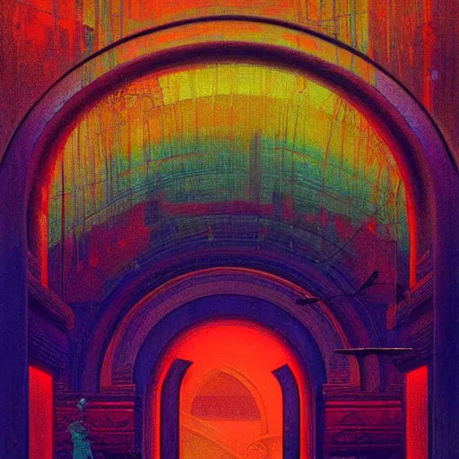 Prompt: art decor interior with arched windows, neon lighting, cyberpunk, high contrast, bright colors, dramatic, fantasy, by Moebius, by zdzisław beksiński, Fantasy LUT, epic composition,
