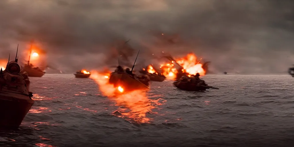Image similar to a photorealistic film still from dunkirk by roger deakins - a destroyed city, 3 5 mm lens, early morning, dramatic lighting, cinematography, sunset red and orange, cinematic, global illumination, highly detailed, photorealistic