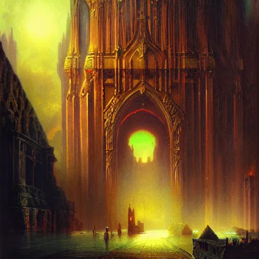 Prompt: massive subterranean gothic citadel by Les Edwards and Delphin Enjolras, oil on canvas, dramatic scenery, highly detailed matte painting, artstation, watercolor, impressionism