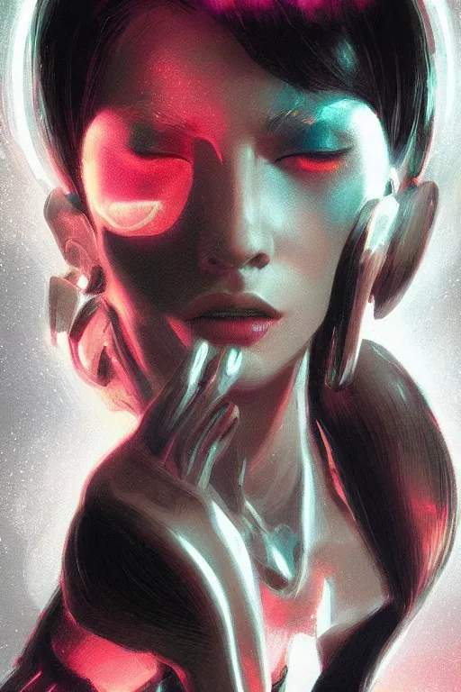 Prompt: portrait of female humanoid from 6 0 s era, intricate, elegant, cyber neon lights, highly detailed, digital painting, artstation, glamor pose, concept art, smooth, sharp focus illustration, art by artgerm and greg rutkowski