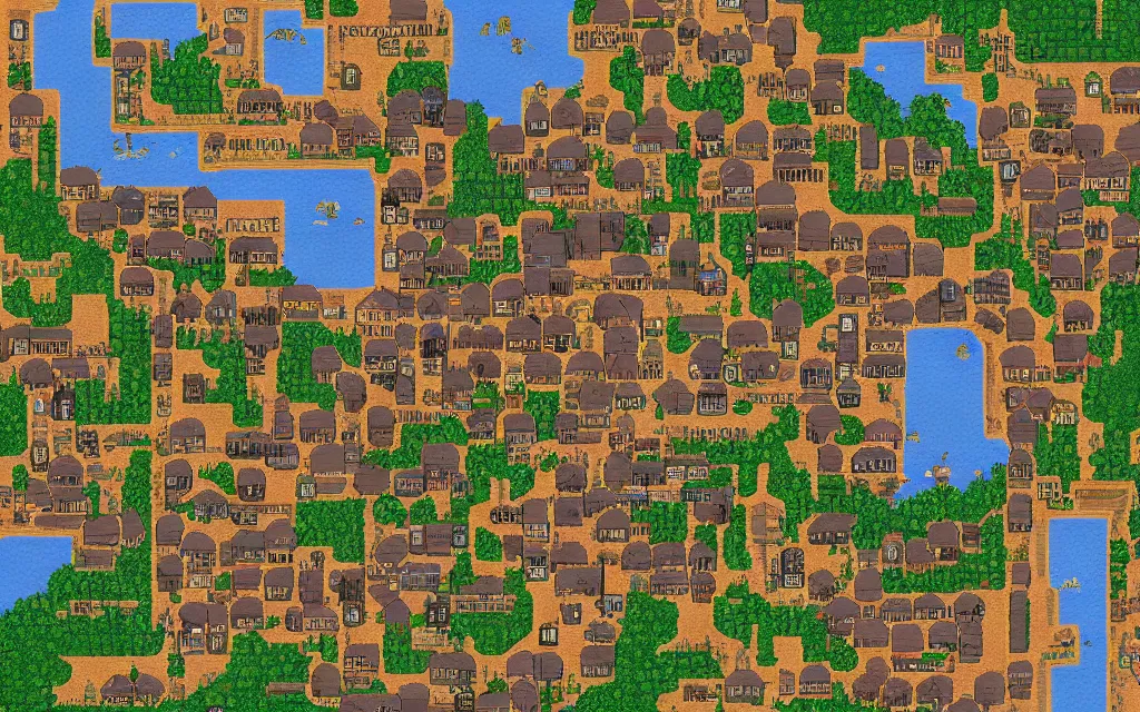 Prompt: the map of a medieval village from above, orthographic visuals, rivers, lakes, roads, pixel game, terraria
