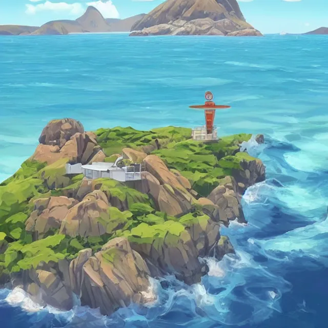 Prompt: a remote island research station in the middle of the ocean, rhads!!!, magical realism, archipelago!, urban fantasy, saturday morning cartoon, clean linework, ( alexander archipenko ), western animation