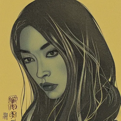 Image similar to “ megan fox portrait by ikenaga yasunari and ayana otake and ko rakusui, 6 0 s poster, drawing, realistic, sharp focus, japanese, dreamy, nostalgia, faded, golden hues, floral clothes, porcelain skin ”